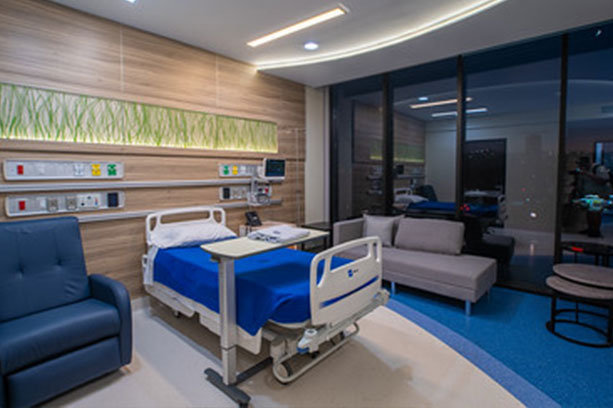 New city patient room with a floor to ceiling window