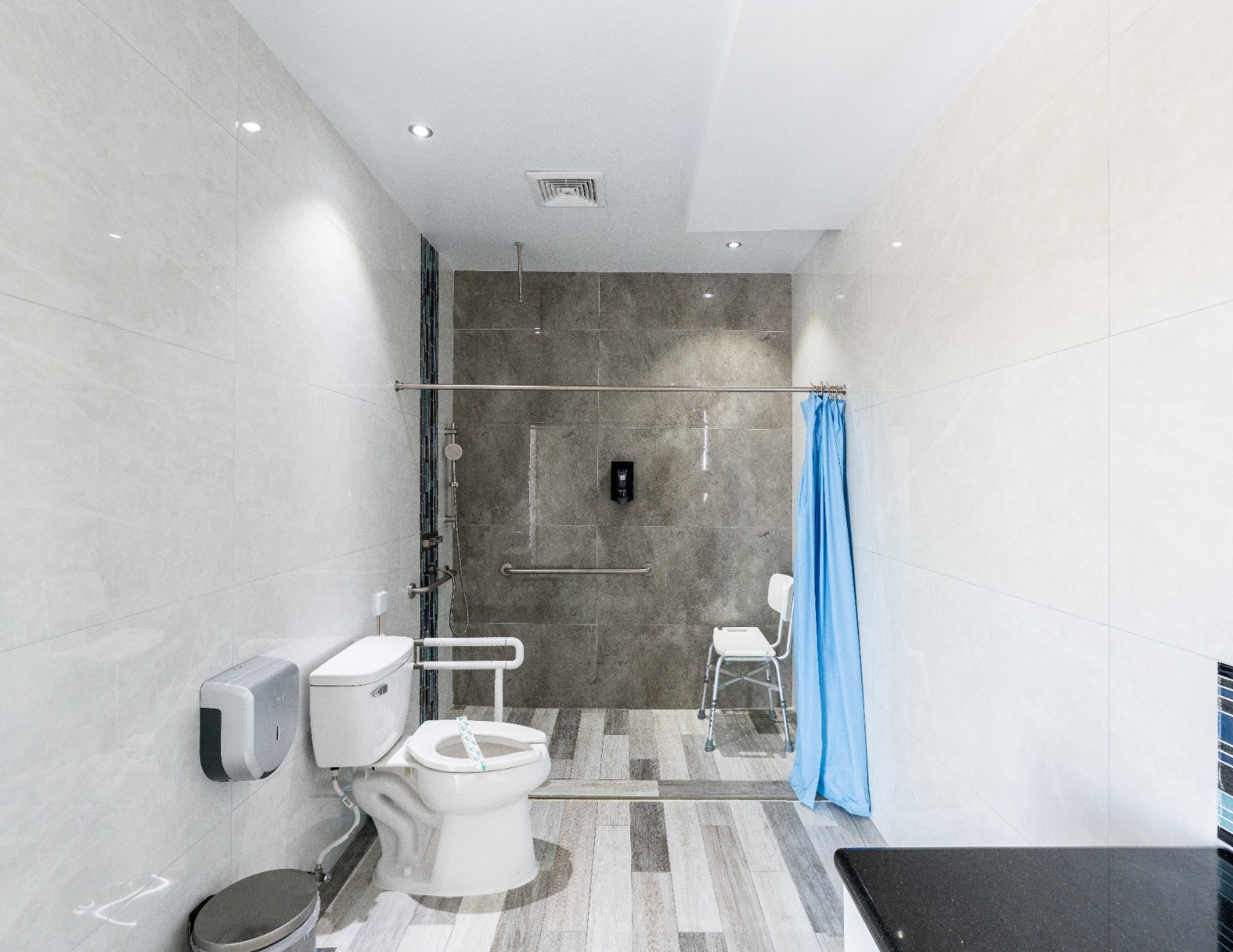 Blue hospital recovery room bathroom